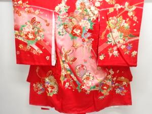 鼓に花蝶模様子供着物（長襦袢・内袖付き）